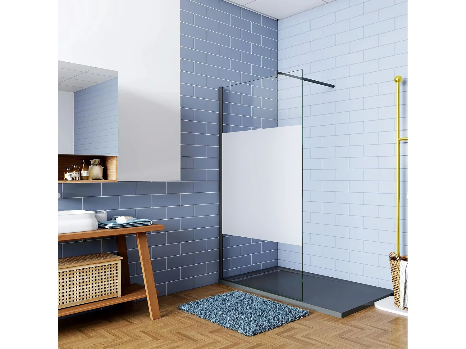 Painel de duche Fixo Impressão de tela central Vidro 8mm com Filme de Segurança à Prova de Explosão (98-100)x200cm com Barra Preta fosca 70-120cm-AICA