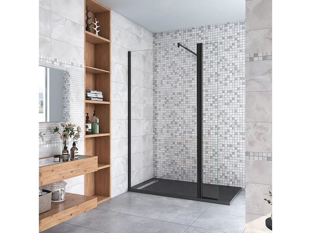 Walkin Mampara Panel de ducha 2 hojas Panel fijo+Lateral giratorio Vidrio 8mm Antical con Barra Negra mate 70-120cm Tamaño[(83.9-85.9)+30]x200cm-AICA