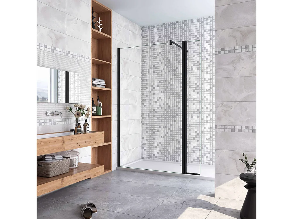 Painel de duche Movível 2 folhas Painel fixo+Lado giratório Vidro 8mm Anti-calcário com Barra Preta fosca 90cm Tamanho[(63.9-65.9)+40]x200cm-AICA