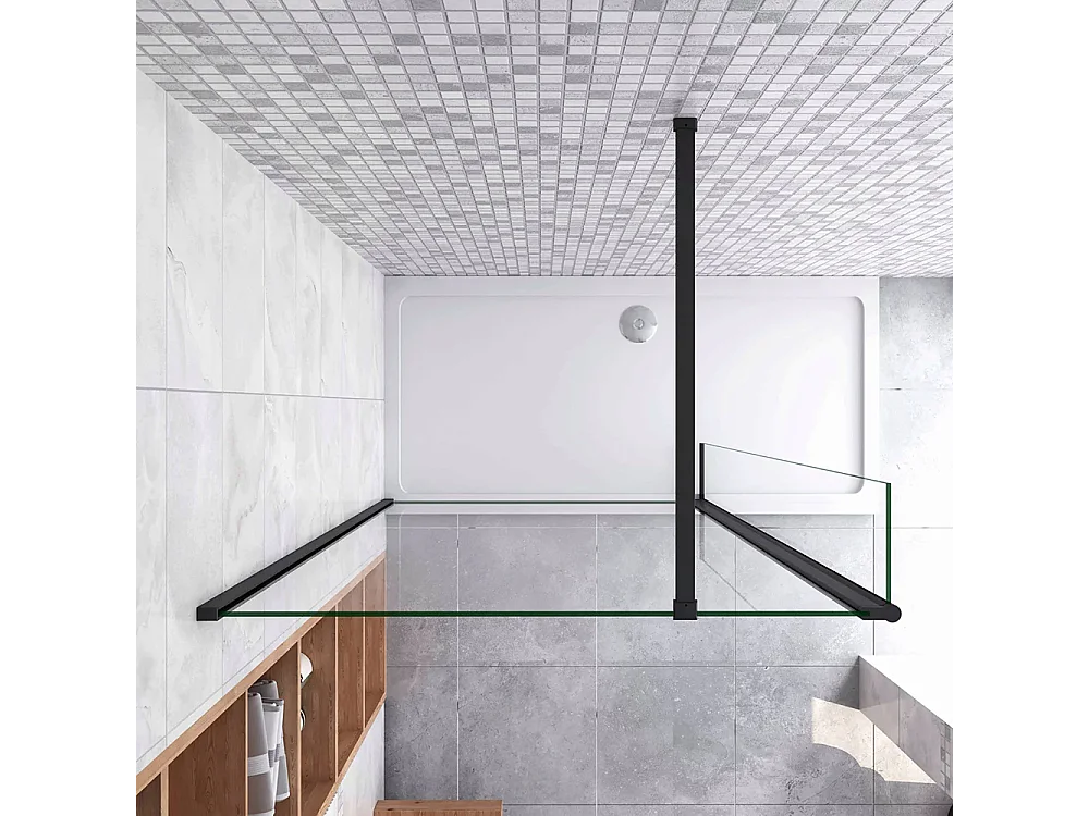 Painel de duche Movível 2 folhas Painel fixo+Lado giratório Vidro 8mm Anti-calcário com Barra1 Preta fosca 90cm Tamanho[(133.9-135.9)+40]x200cm-AICA