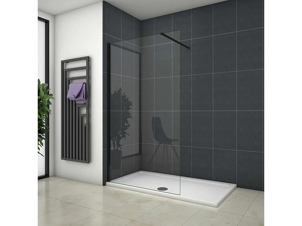 Walkin Mampara Panel de ducha una hoja Perfil Negro mate Vidrio Antical de 8mm con una Barra1 de 90cm Tamaño (128-130)x200cm-AICA