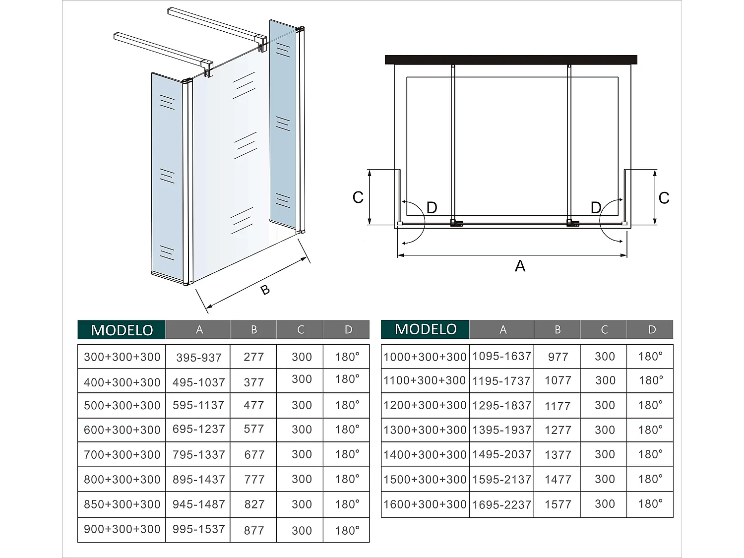 Painel de duche Movível Vidro Anti-calcário 8mm com Duas laterales giratorios de 30cm y Duas barras 90cm Tamanho(149.5-203.7)x200cm-AICA