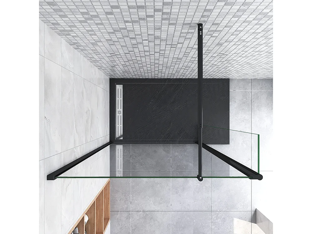 Walkin Mampara Panel de ducha 2hojas Panel fijo+Lateral giratorio Vidrio 8mm Antical con Barra Negra mate 70-120cm Tamaño[(143.9-145.9)+30]x200cm-AICA