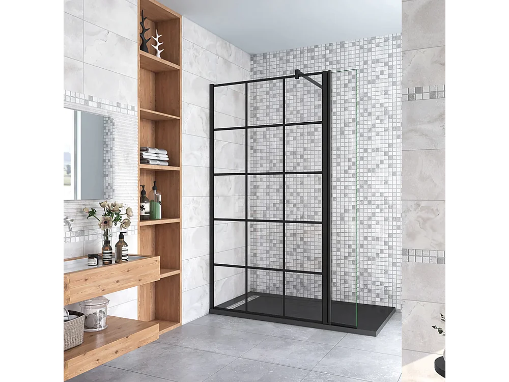 Painel de duche Movível Treliça quadrada serigrafada 2folhas Vidro 8mm Anticalcário com Barra Preta 90cm Tamanho[(103.9-105.9)+30]x200cm-AICA