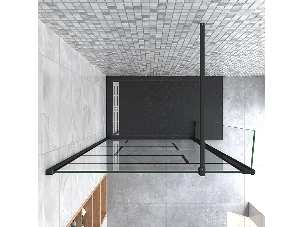 Walkin Mampara Panel de ducha Serigrafiado de línea negra 2 hojas Vidrio 8mm Antical con Barra Negra mate 140cm Tamaño[(103.9-105.9)+40]x200cm-AICA