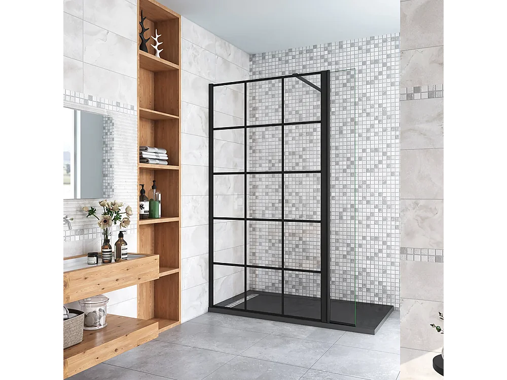 Painel de duche Movível Serigrafia em treliça quadrada 2 folhas Vidro 8mm Anti-calcário com Barra1 Preta 90cm Tamanho[(123.9-125.9)+30]x200cm-AICA