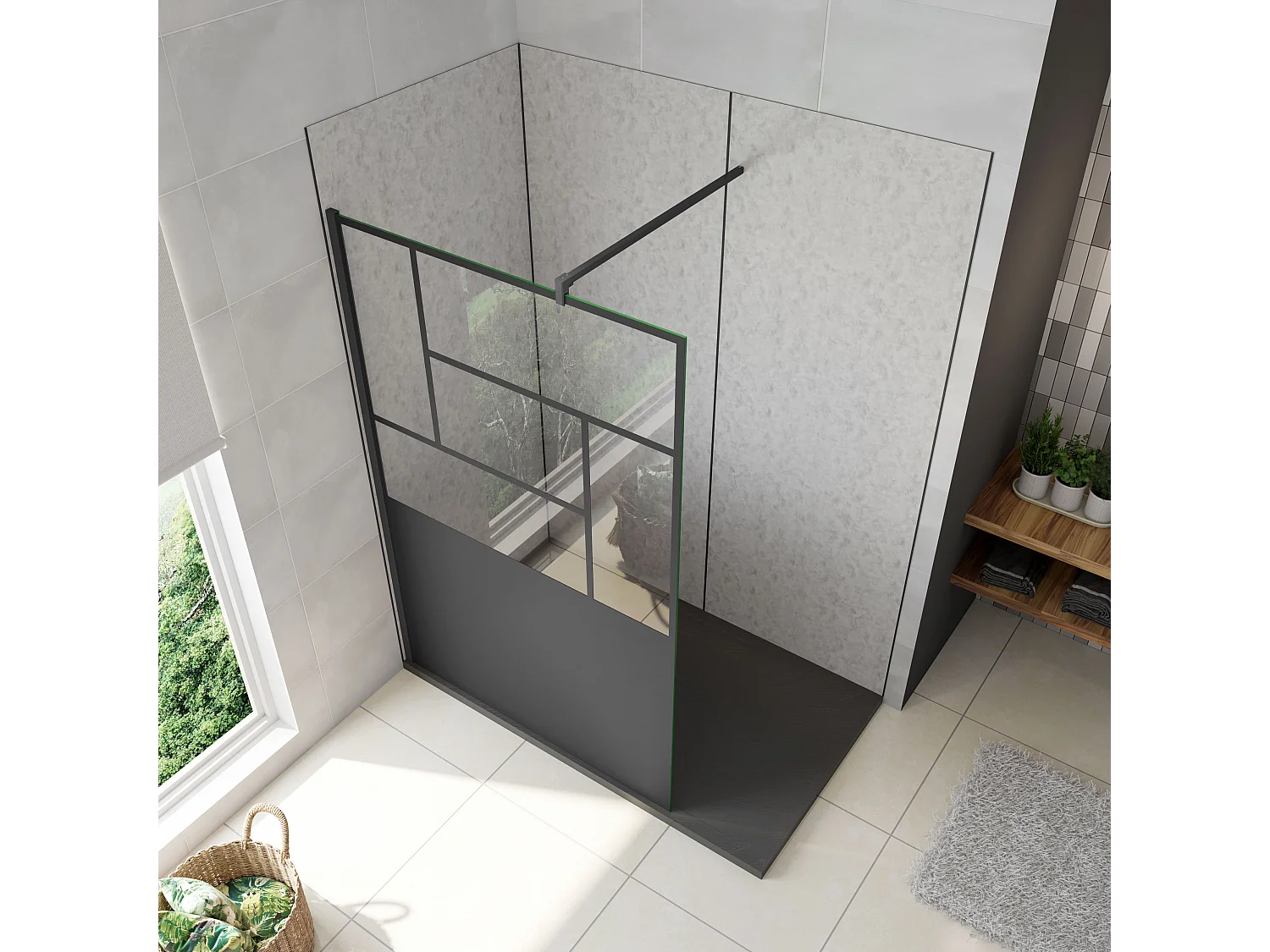 Walkin Mampara Panel de ducha Pantalla Panel Fijo estilo industrial Cristal Antical 8mm con Barra 140cm Perfil Negro Mate,(1177-1200)x2000mm-AICA