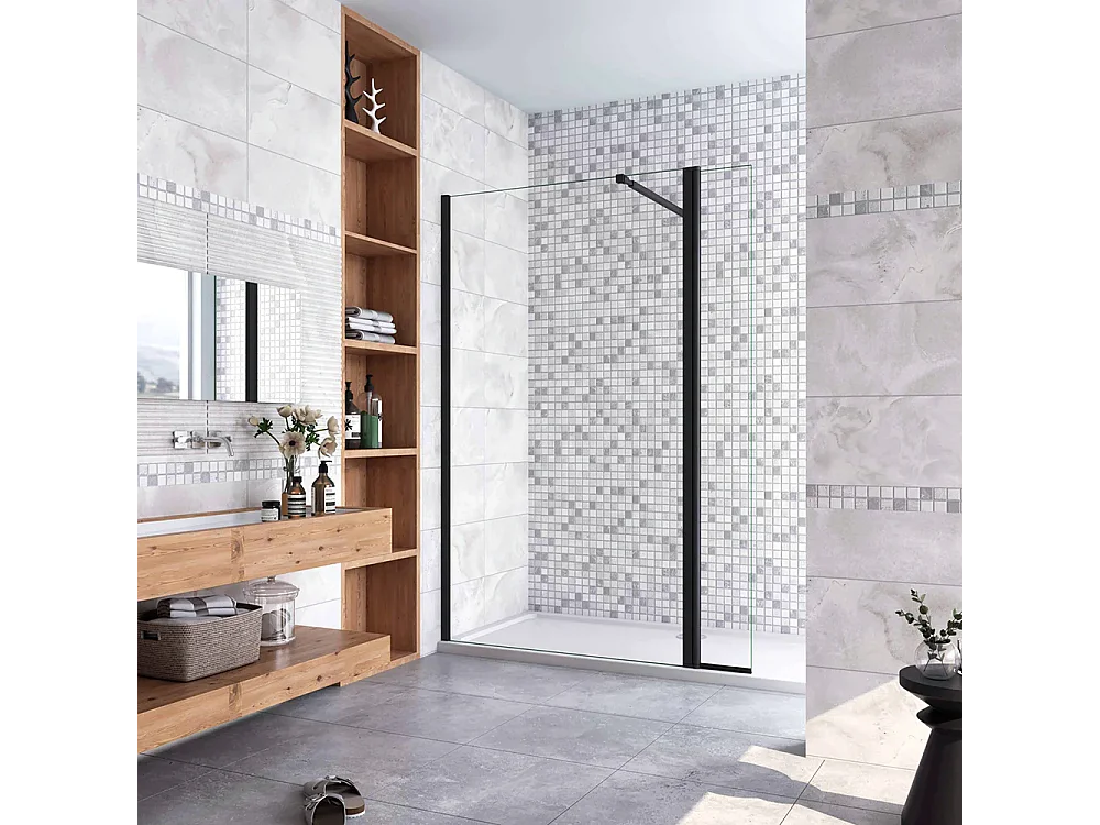 Painel de duche Movível 2 folhas Painel fixo+Lado giratório Vidro 8mm Anti-calcário com Barra Preta fosca 73-120cm Tamanho[(53.9-55.9)+40]x200cm-AICA