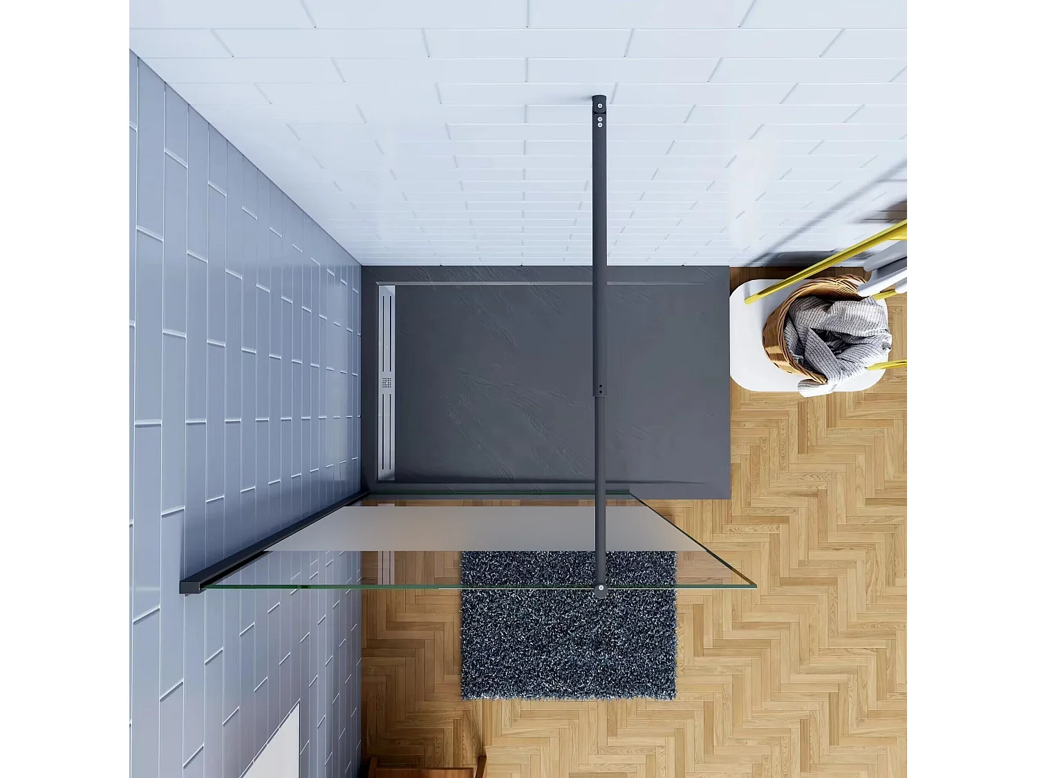 Painel de duche Fixo Impressão de tela central Vidro 8mm com Filme de Segurança à Prova de Explosão (68-70)x200cm com Barra Preta fosca 70-120cm-AICA