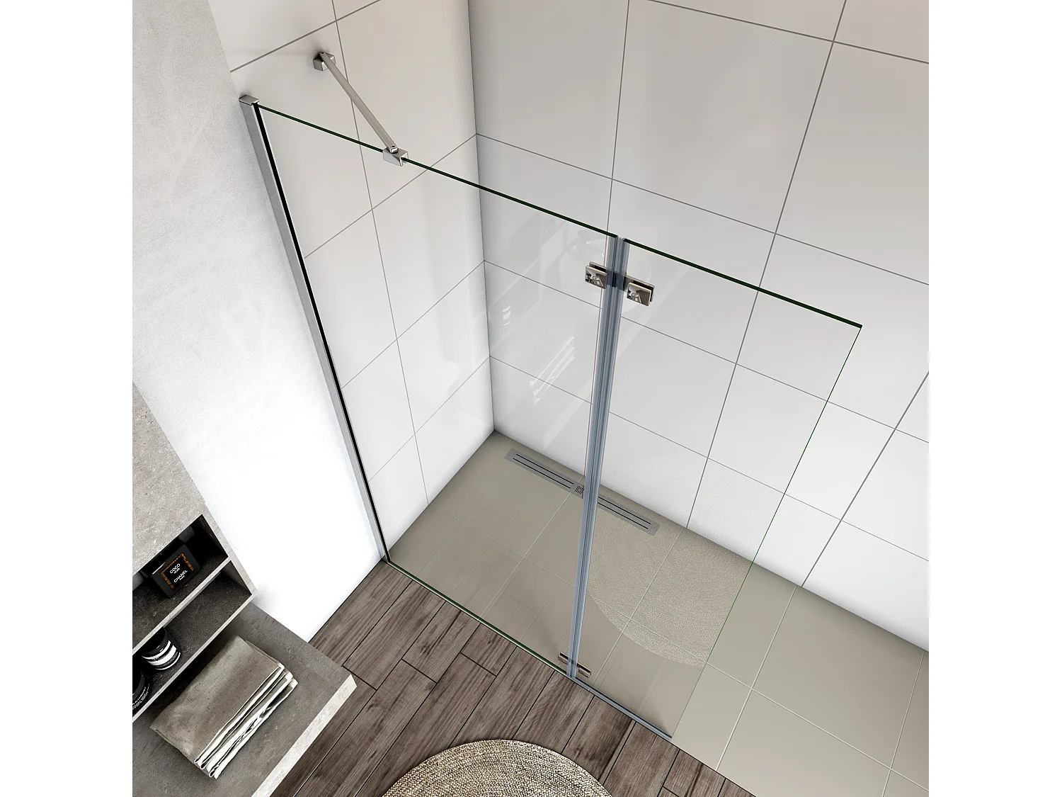 Painel de duche Fixo 2 folhas com Dobradiça Painel fixo+giratório Vidro Anti-calcário 8mm com Barra Fixa 45cm Perfil cromado ([88-90]+40)x200cm-AICA