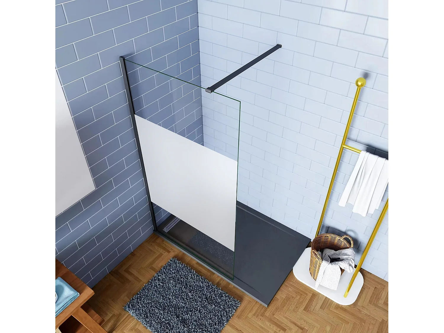 Panel de ducha Serigrafiado Central Vidrio 8mm con Película de Seguridad a Prueba de Explosiones (88-90)x200cm con Barra1 Negra mate 90cm-AICA