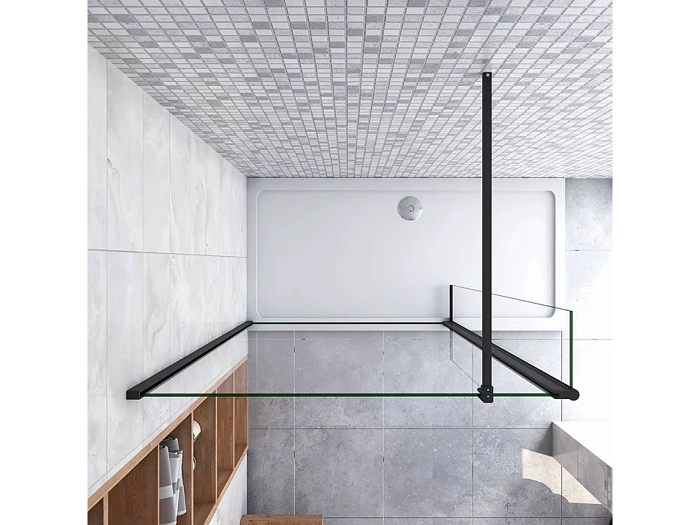 Painel de duche Movível 2 folhas Painel fixo+Lado giratório Vidro 8mm Anti-calcário com Barra Preta fosca 140cm Tamanho[(53.9-55.9)+30]x200cm-AICA