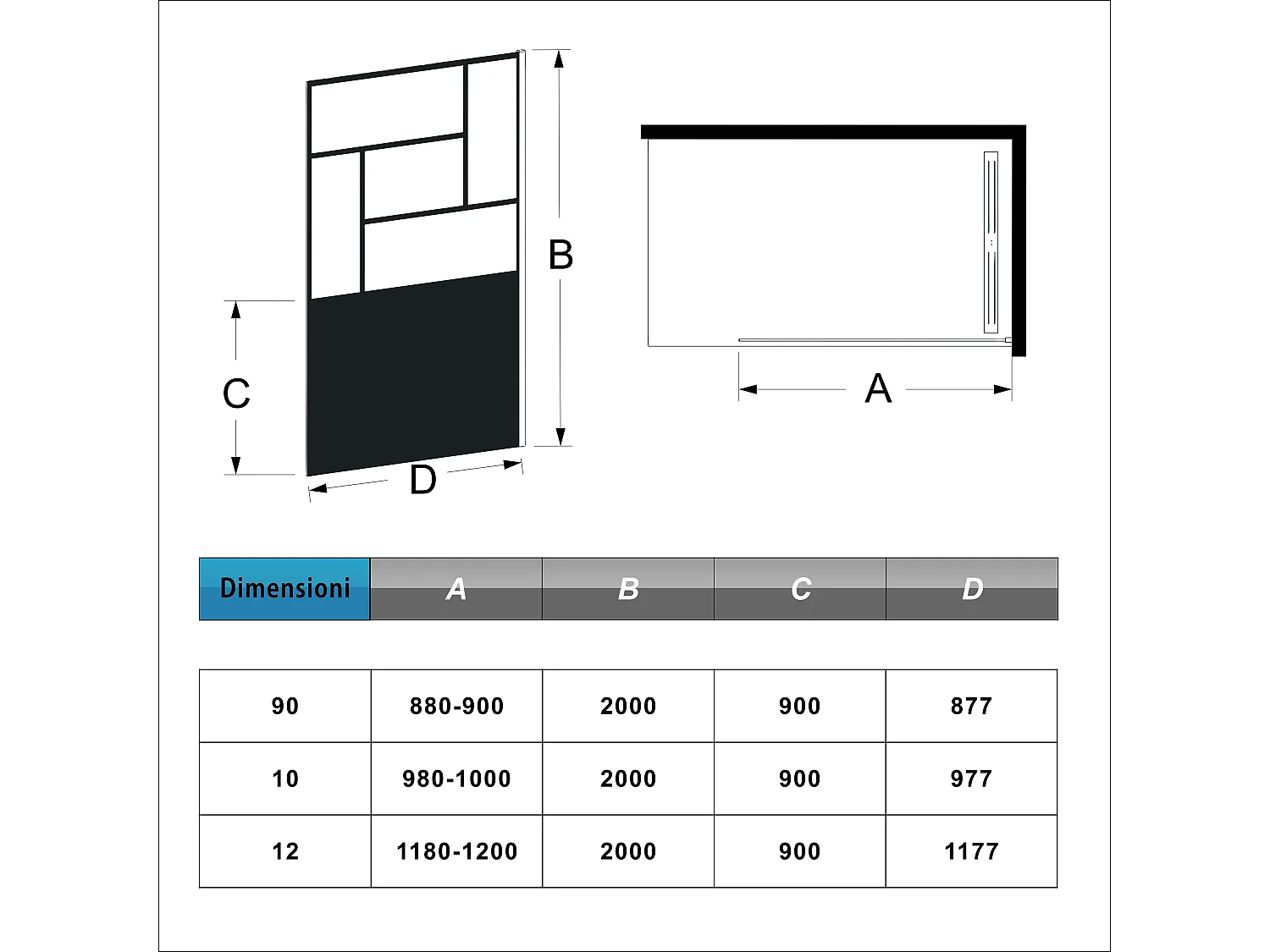 Walkin Painel de Duche Painel Fixo Estilo Industrial Vidro Anti-Cal 8mm com Barra 70-120cm Perfil Preto Mate,(1177-1200)x2000mm-AICA
