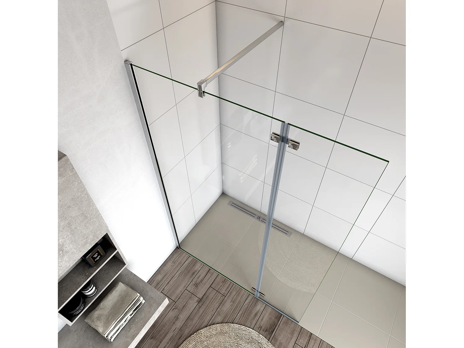 Painel de duche Fixo 2 folhas com Dobradiça Painel fixo+giratório Vidro Anti-calcário 8mm com Barra Fixa 90cm Perfil cromado ([88-90]+40)x200cm-AICA