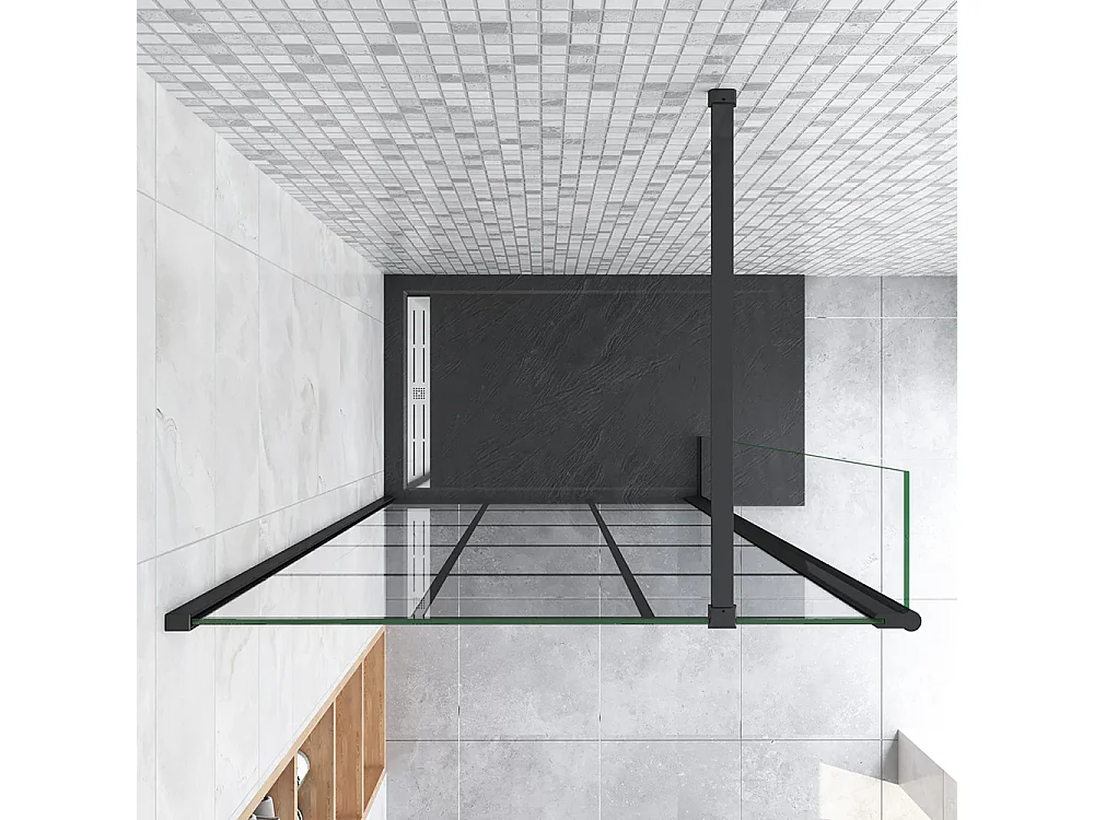 Painel de duche Movível Serigrafia em treliça quadrada 2 folhas Vidro 8mm Anti-calcário com Barra1 Preta fosca 90cm Tamanho[(83.9-85.9)+40]x200cm-AICA