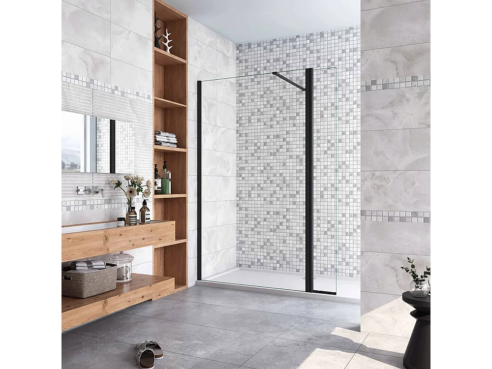 Walkin Mampara Panel de ducha 2 hojas Panel fijo+Lateral giratorio Vidrio 8mm Antical con Barra1 Negra mate 90cm Tamaño[(163.9-165.9)+30]x200cm-AICA