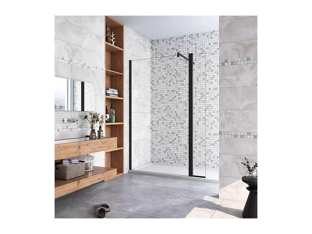 Walkin Mampara Panel de ducha 2 hojas Panel fijo+Lateral giratorio Vidrio 8mm Antical con Barra Negra mate 90cm Tamaño[(83.9-85.9)+40]x200cm-AICA