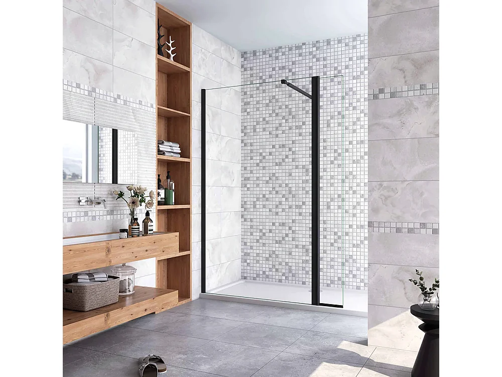 Walkin Mampara Panel de ducha 2 hojas Panel fijo+Lateral giratorio Vidrio 8mm Antical con Barra Negra mate 73-120cm Tamaño[(93.9-95.9)+40]x200cm-AICA