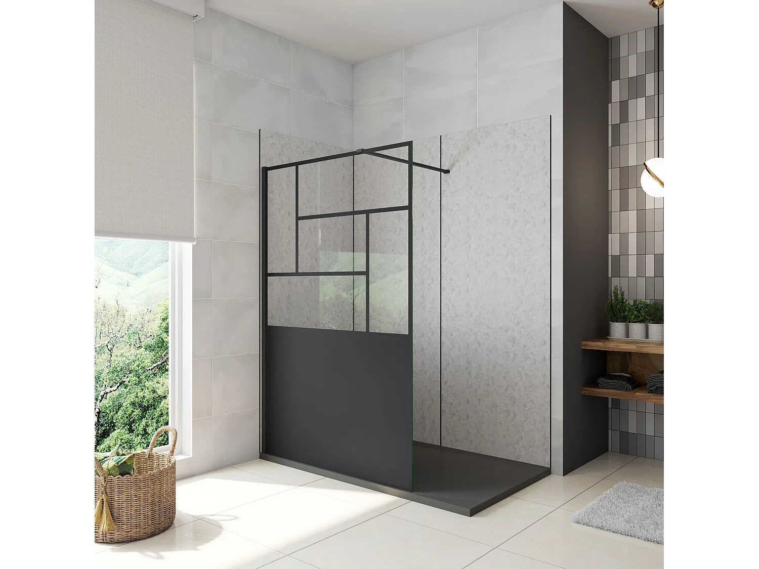 Walkin Mampara Panel de ducha Pantalla Panel Fijo estilo industrial Cristal Antical 8mm con Barra1 90cm Perfil Negro Mate,(877-900)x2000mm-AICA