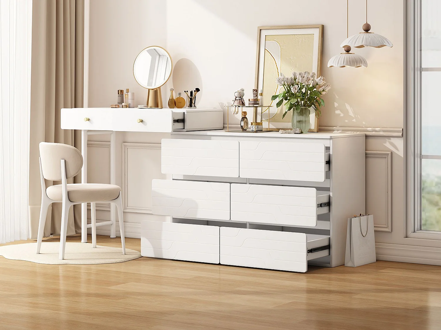 Toletta, cassettiera a 6 cassetti, tre ripiani, sei cassetti, include armadietti laterali scorrevoli, senza sedie né specchi, bianco, 180x40x85cm