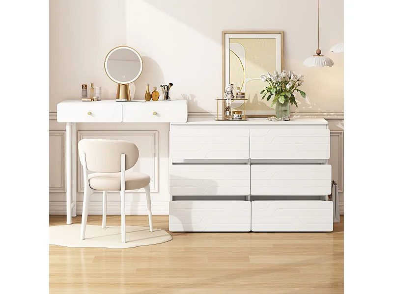 Toletta, cassettiera a 6 cassetti, tre ripiani, sei cassetti, include armadietti laterali scorrevoli, senza sedie né specchi, bianco, 180x40x85cm