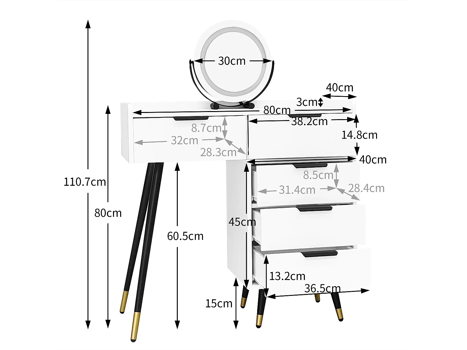 Penteadeira com espelho LED e prateleira deslizante, penteadeira com 5 gavetas, branca