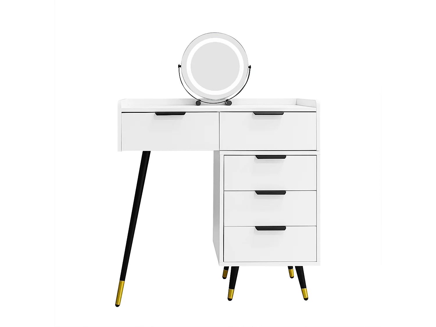 Penteadeira com espelho LED e prateleira deslizante, penteadeira com 5 gavetas, branca