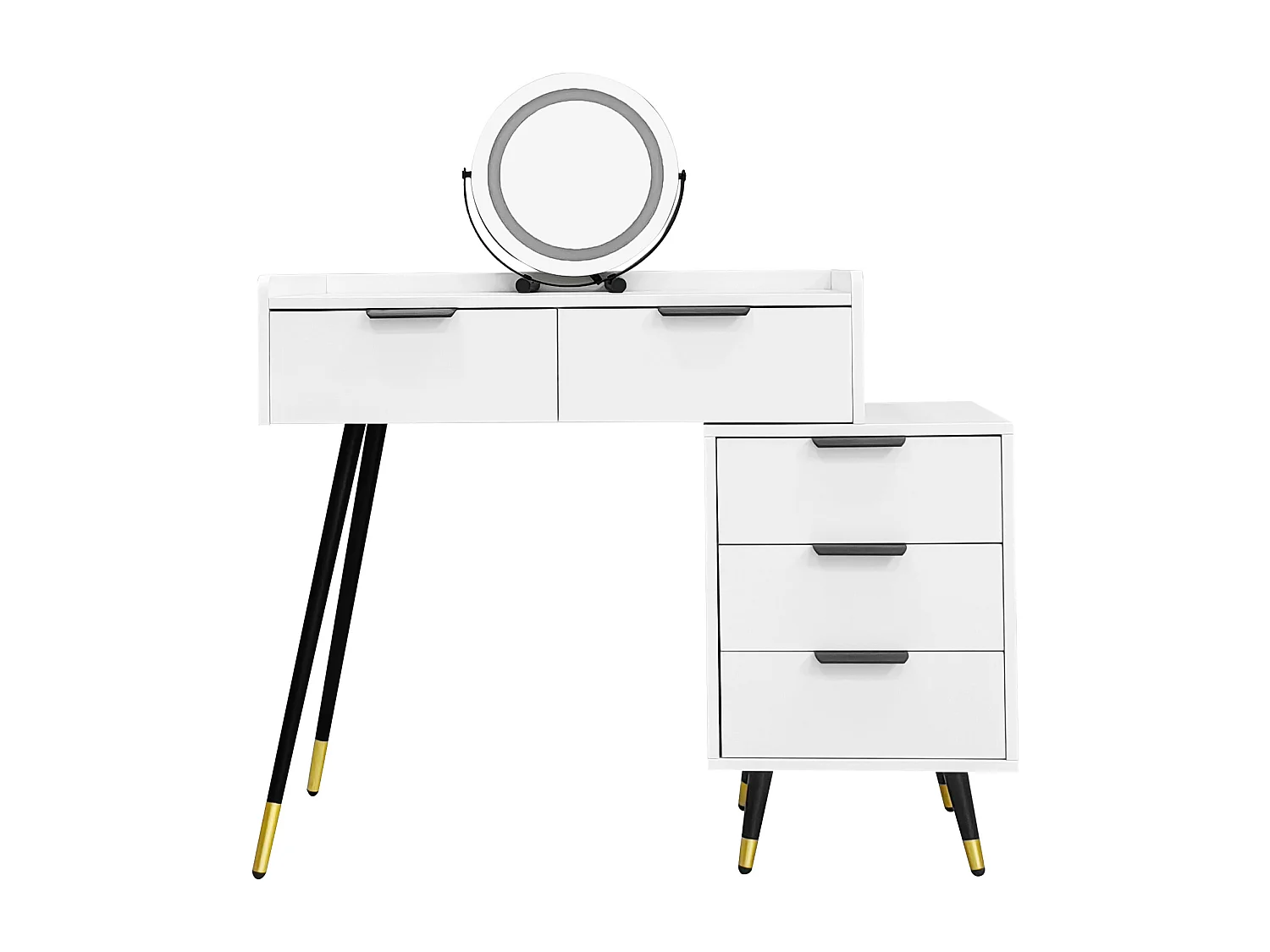 Penteadeira com espelho LED e prateleira deslizante, penteadeira com 5 gavetas, branca