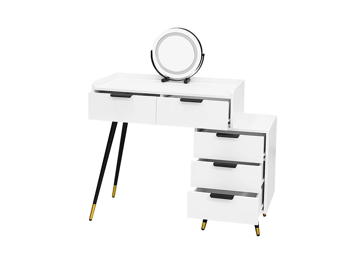 Tocador con espejo LED y estante deslizante, 5 cajones, color blanco