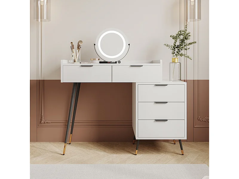 Penteadeira com espelho LED e prateleira deslizante, penteadeira com 5 gavetas, branca