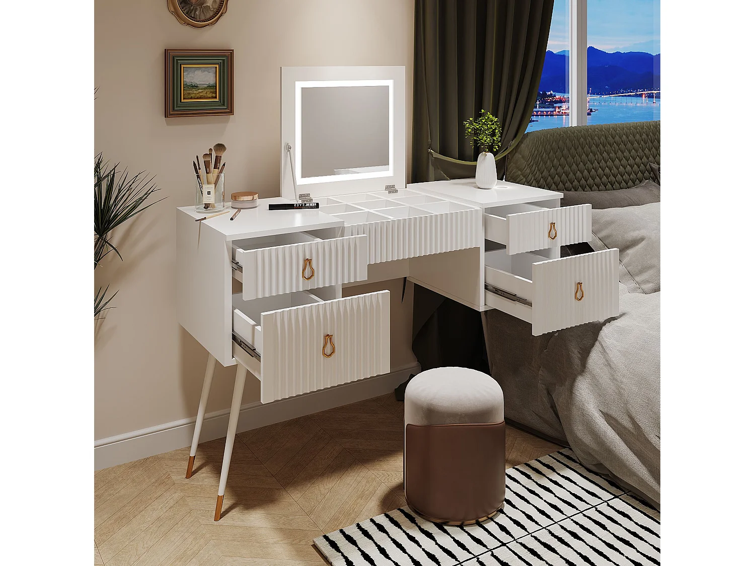 Coiffeuse Comprend un miroir LED à luminosité réglable,Table de rangement à 4 tiroirs,Bureau univer,Sans chaises,Blanc