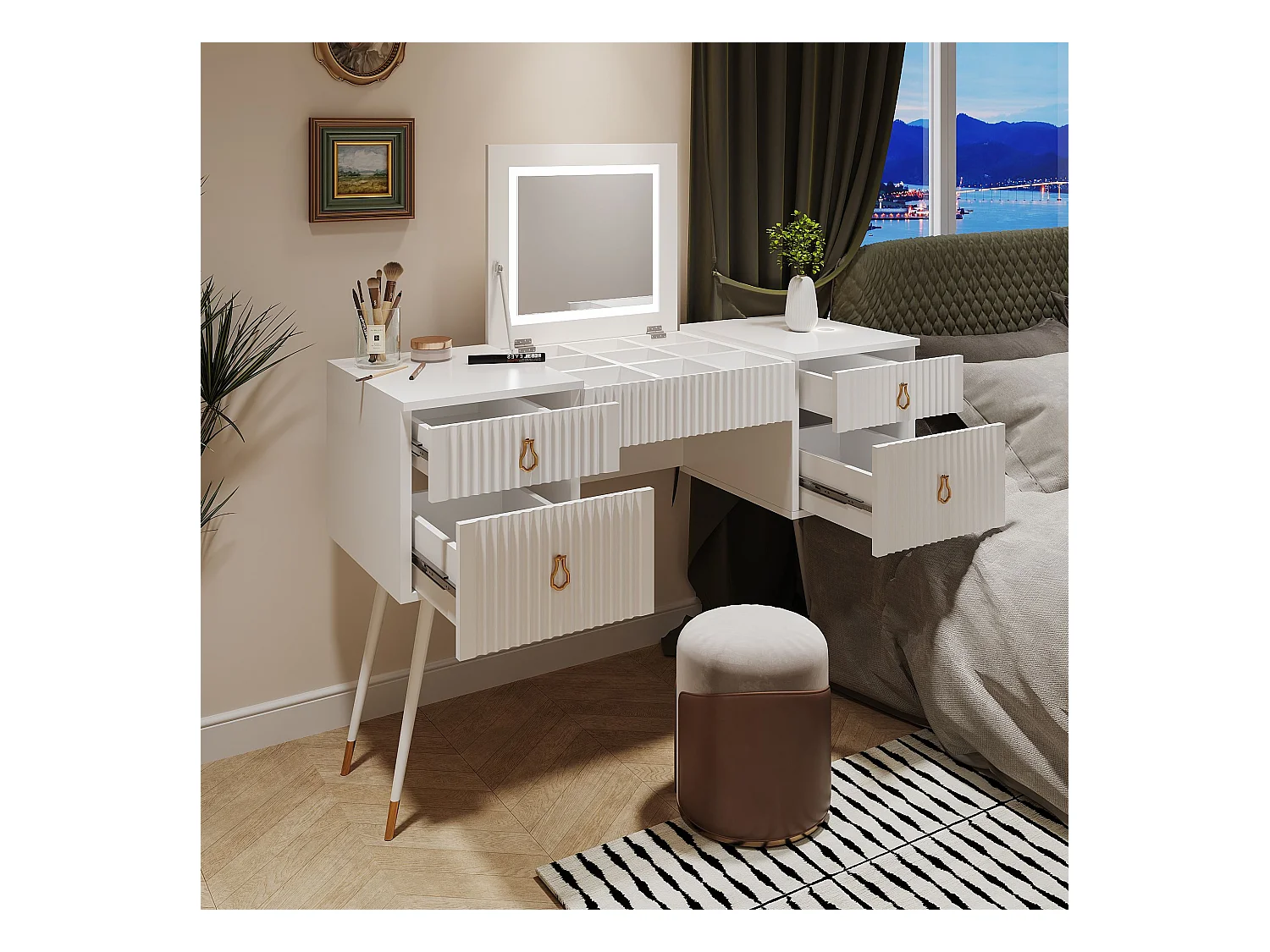 Coiffeuse Comprend un miroir LED à luminosité réglable,Table de rangement à 4 tiroirs,Bureau univer,Sans chaises,Blanc