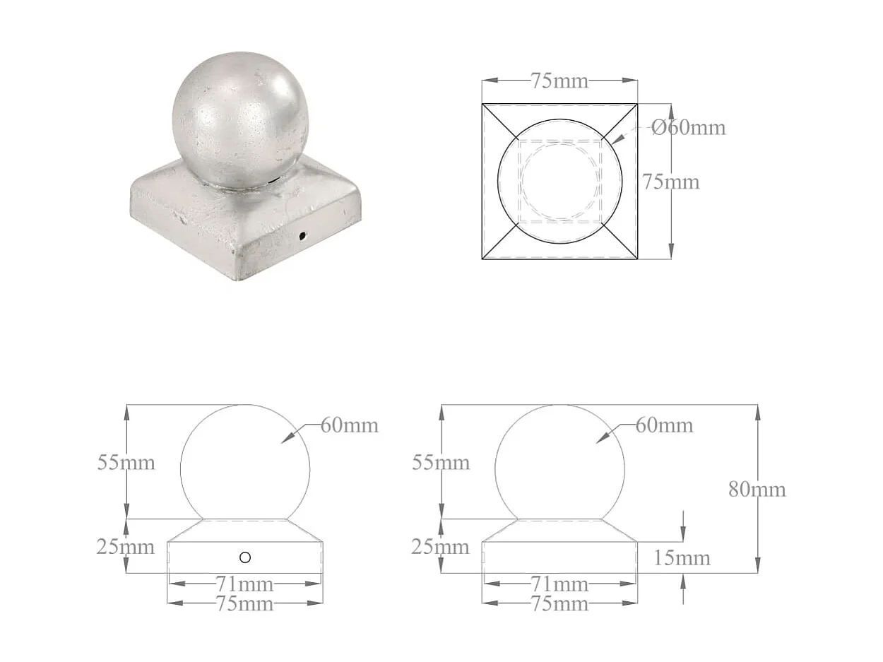 Tappi per pali 6 pz Globo finale Metallo zincato 71x71 mm