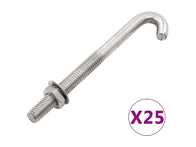 Jeu de 25 boulons en J ancrés avec écrou et rondelle M8x120 mm
