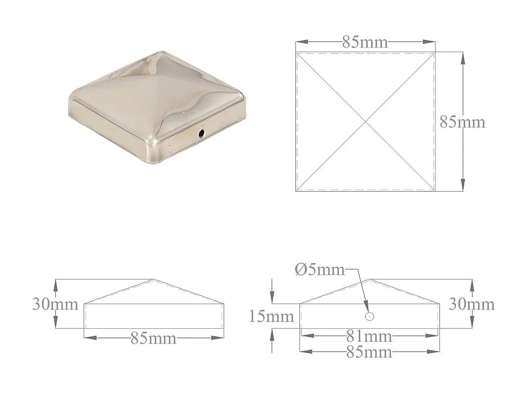 Tappi per recinzione piramidale 6 pz. Acciaio inox 81x81 mm