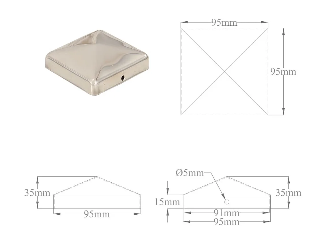 Tappi per recinzione piramidale 6 pz. Acciaio inox 91x91 mm