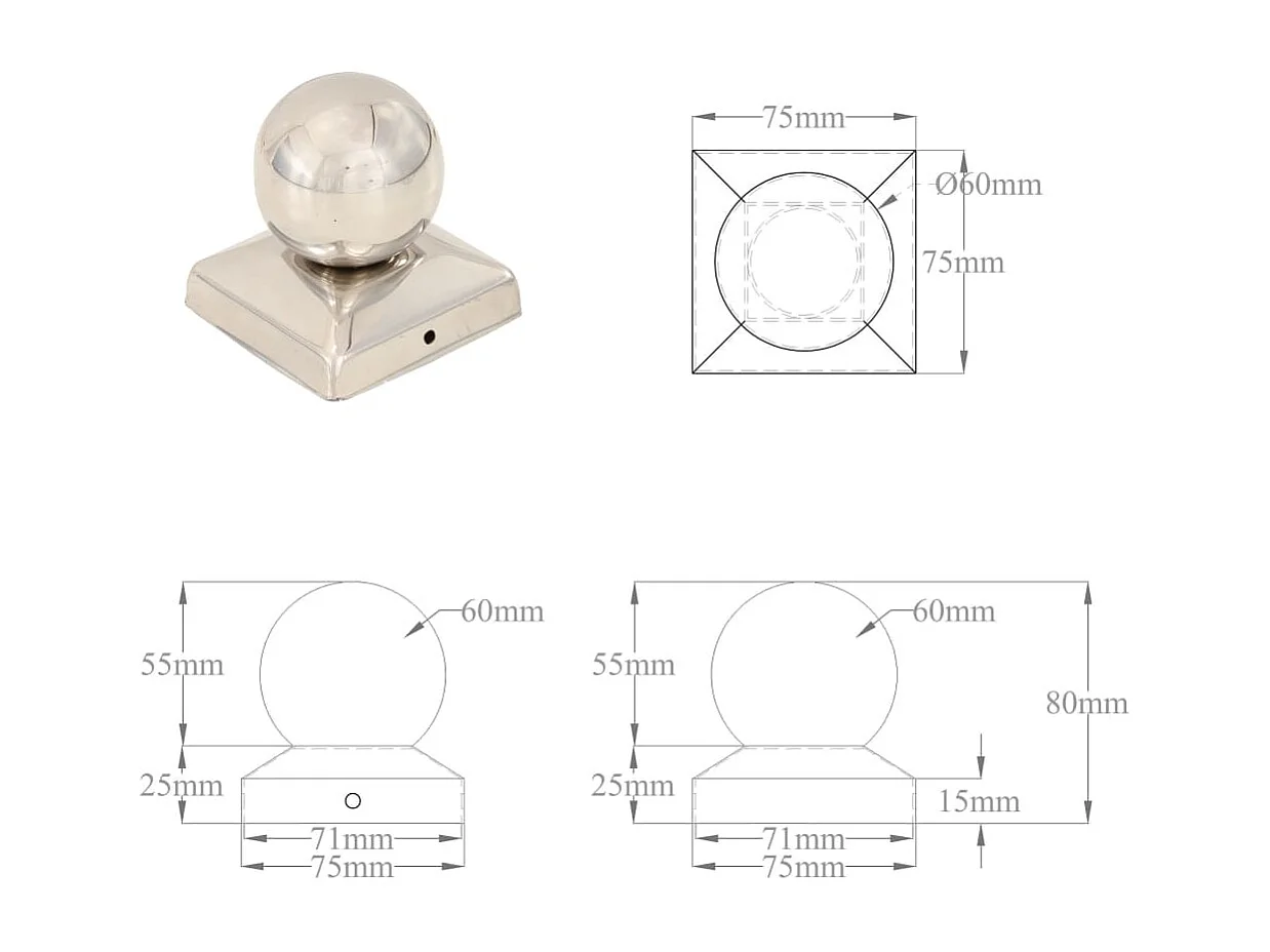 Tappi per pali 6 pz. Globo finale Acciaio inox 71x71 mm