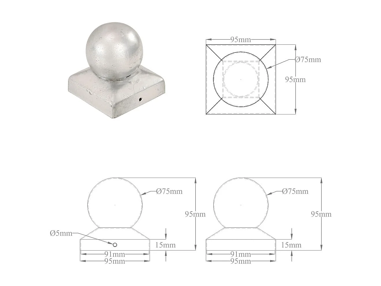 Tampas de poste 6 peças Globo final Metal galvanizado 91x91 mm