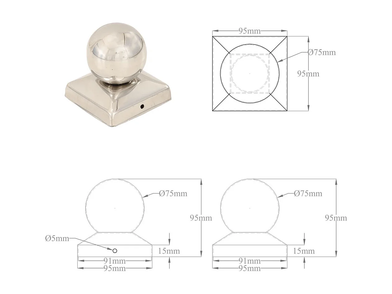 Tappi per pali 6 pz. Globo finale Acciaio inox 91x91 mm