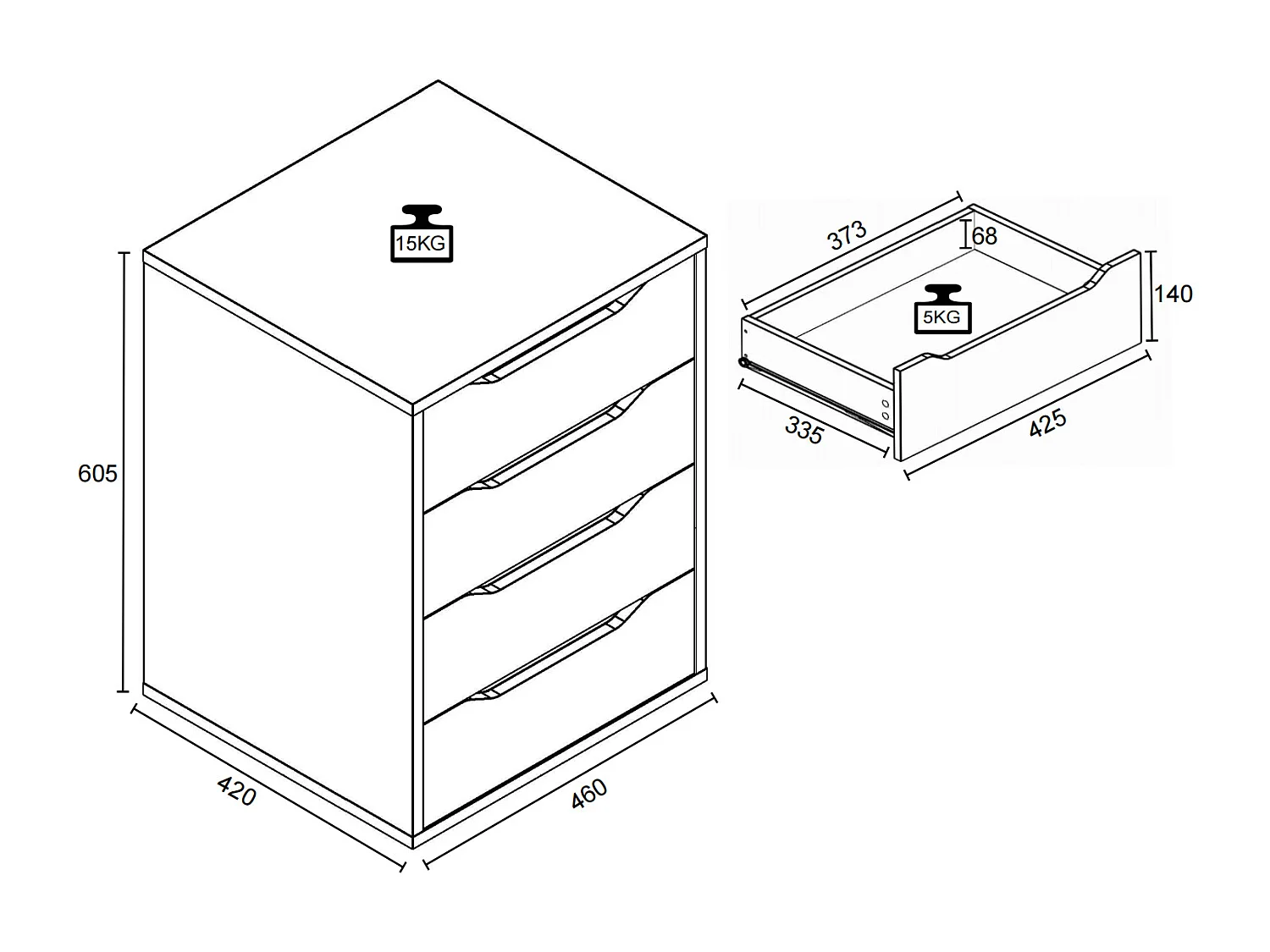 bedside table Malira White / White H. 61 x W. 46 x D. 42 cm