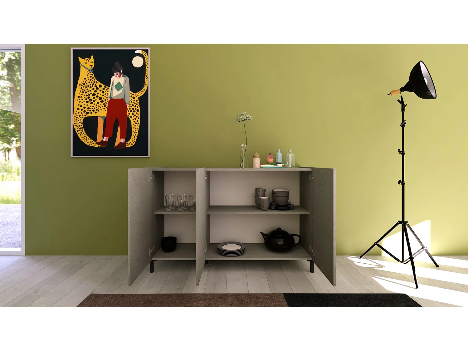 Buffet bas 3 portes et 4 tiroirs 130x40x84 cm Solaria cachemire