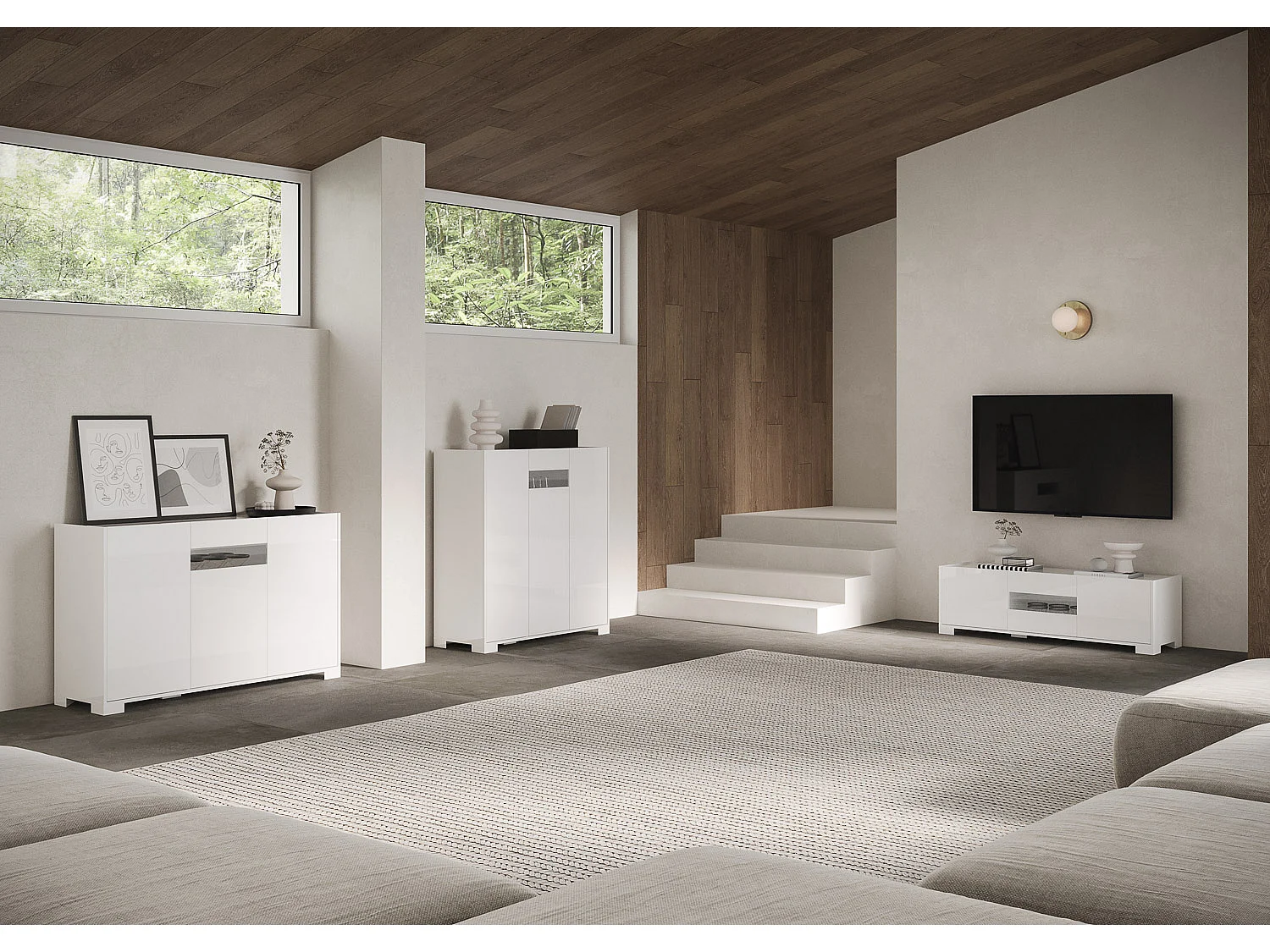 Buffet bas 4 portes 172x40x81 cm Riflesso blanc brillant