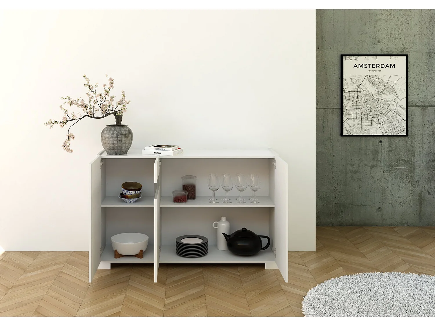 Kommode 3 Türen 130x40x81 cm Riflesso glänzendes Weiß