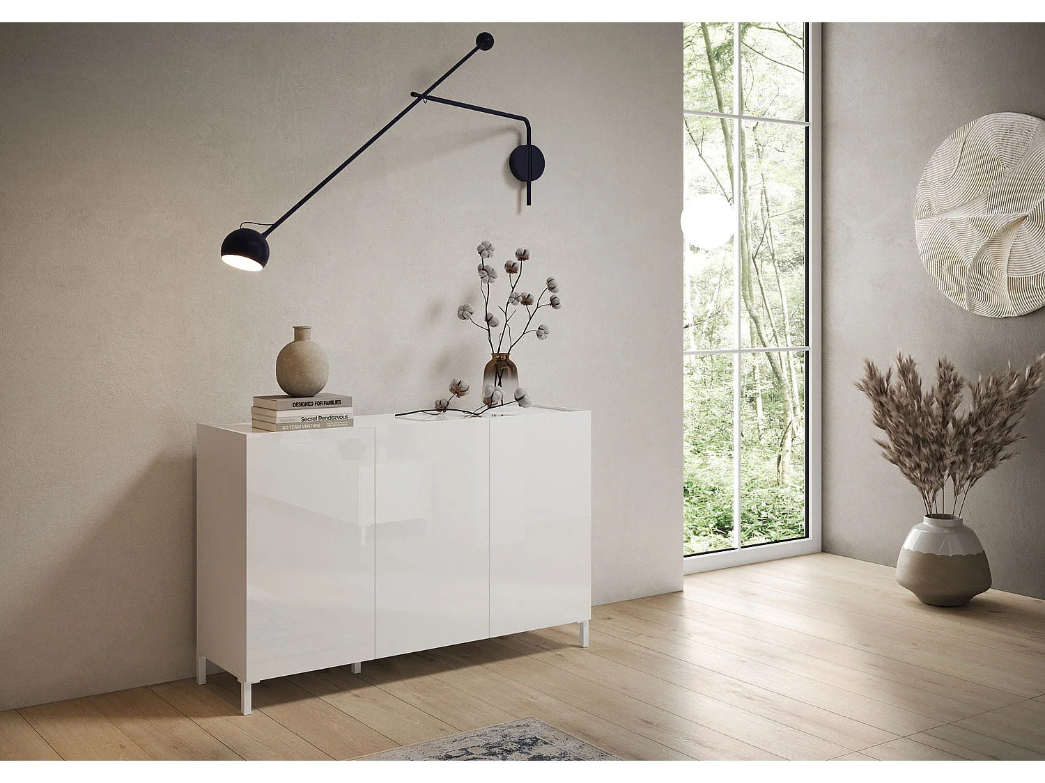 Buffet bas 3 portes et 4 tiroirs 130x40x84 cm Solaria blanc brillant