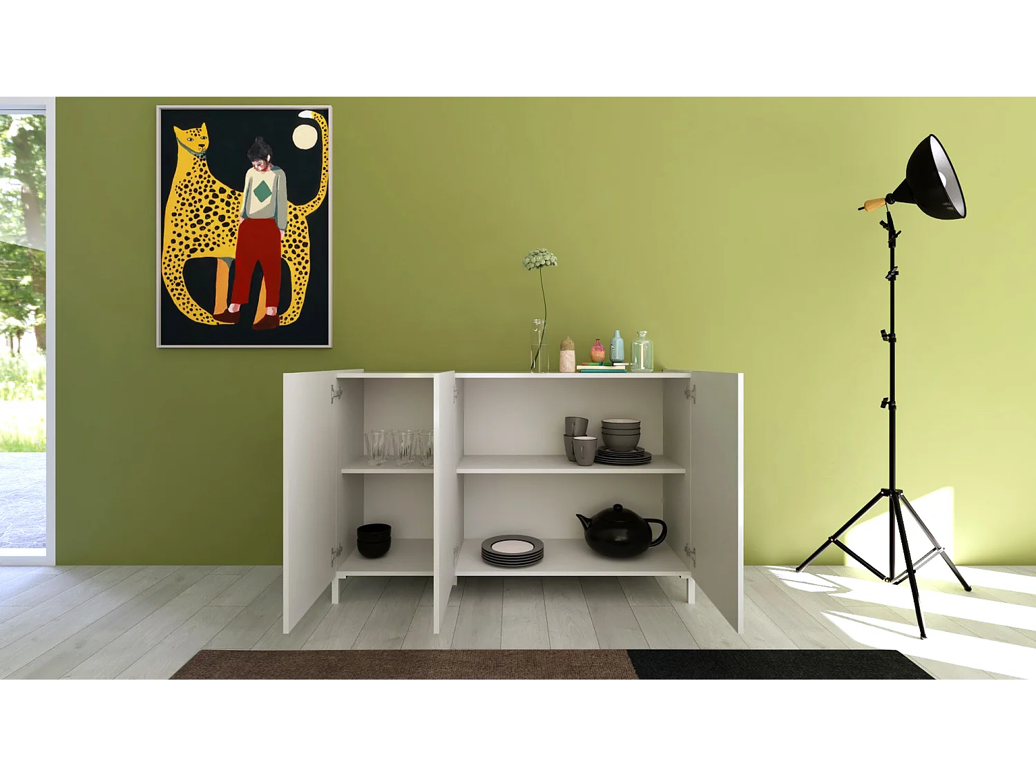 Buffet bas 3 portes 130x40x84 cm Solaria blanc brillant