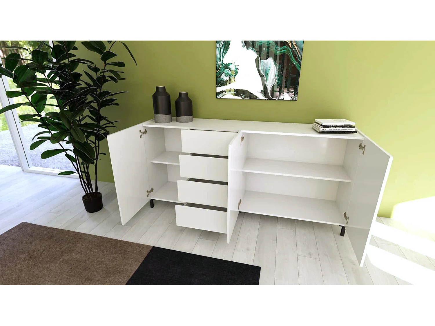 Buffet bas 3 portes et 4 tiroirs 174x40x84 cm Solaria blanc brillant