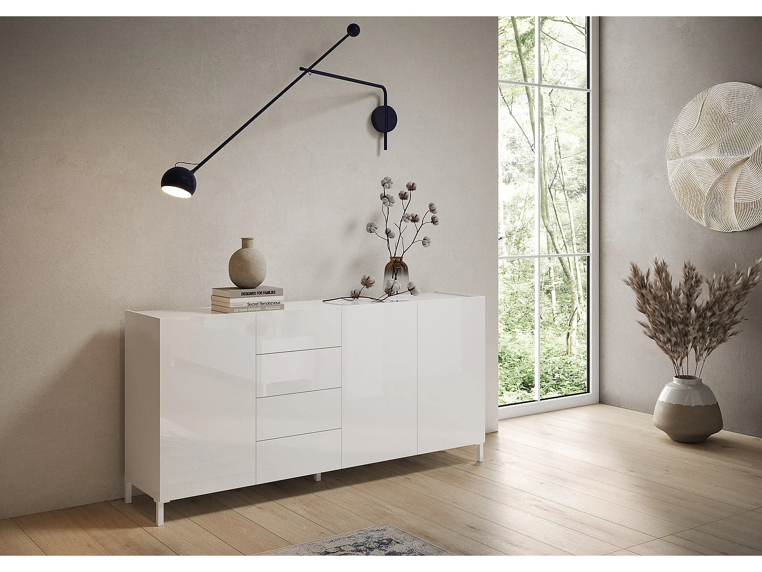 Dressoir met 3 deuren en 4 lades 174x40x84 glanzende wit Solaria