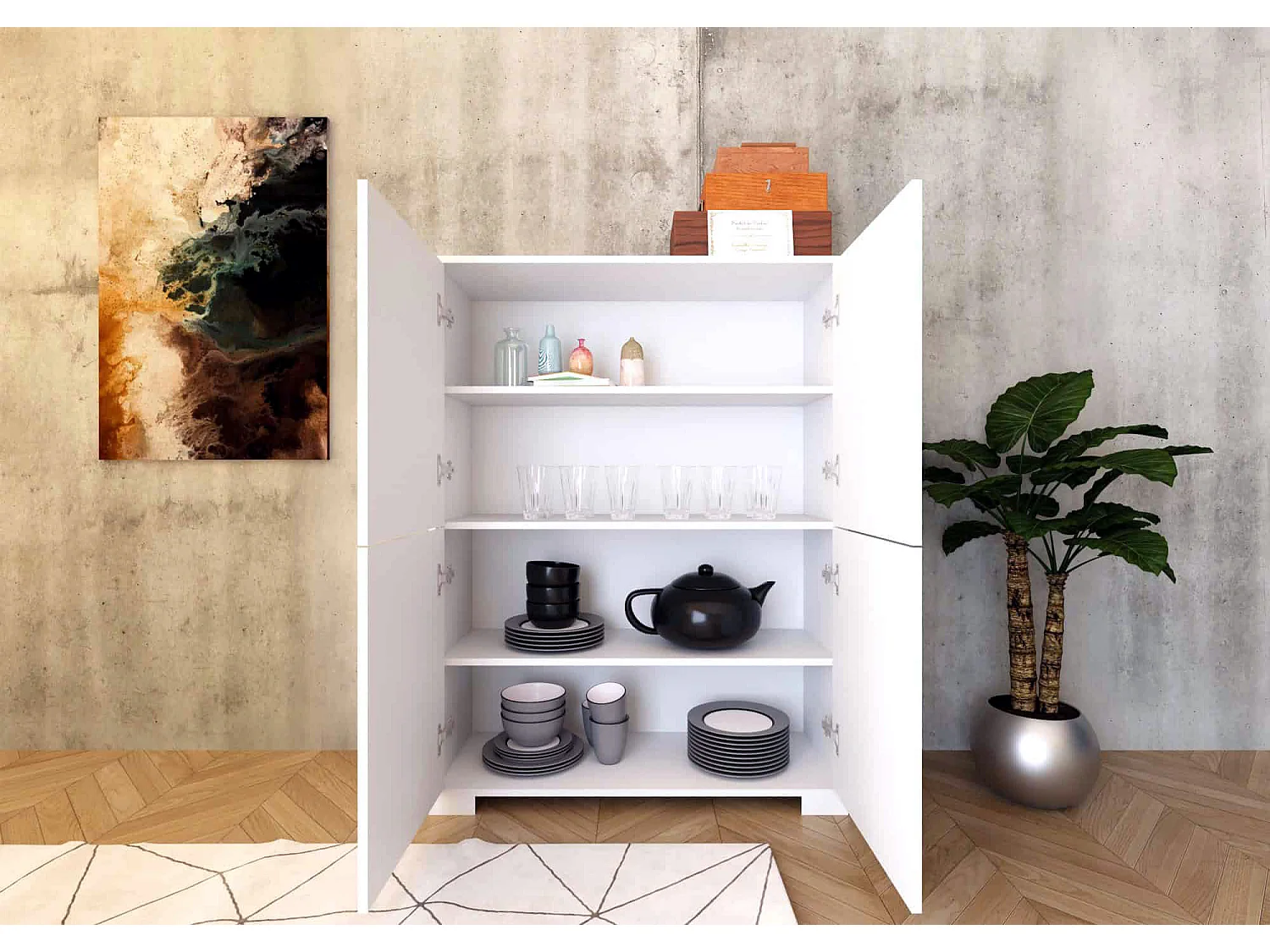 Hohes Sideboard 4 Türen 90x35x120 cm Lumina glänzend weiß