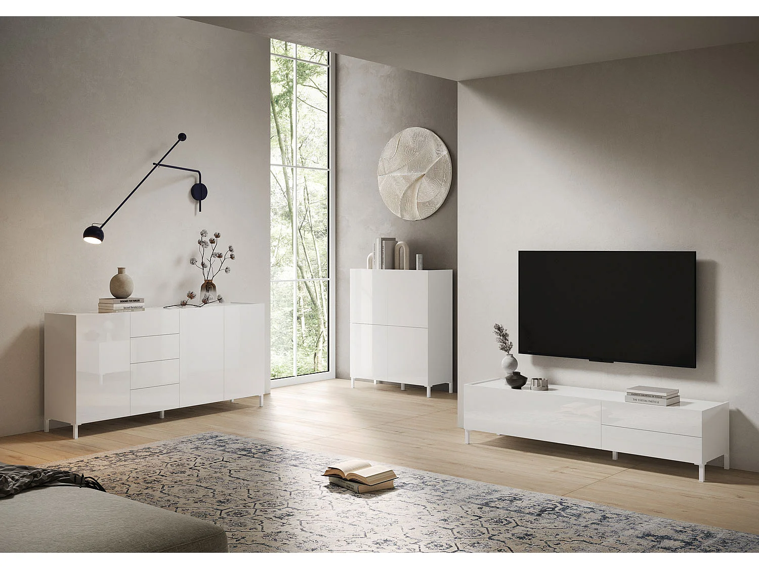 Wysoka komoda 4-drzwiowa Solaria 90x35x110 cm, biały połysk