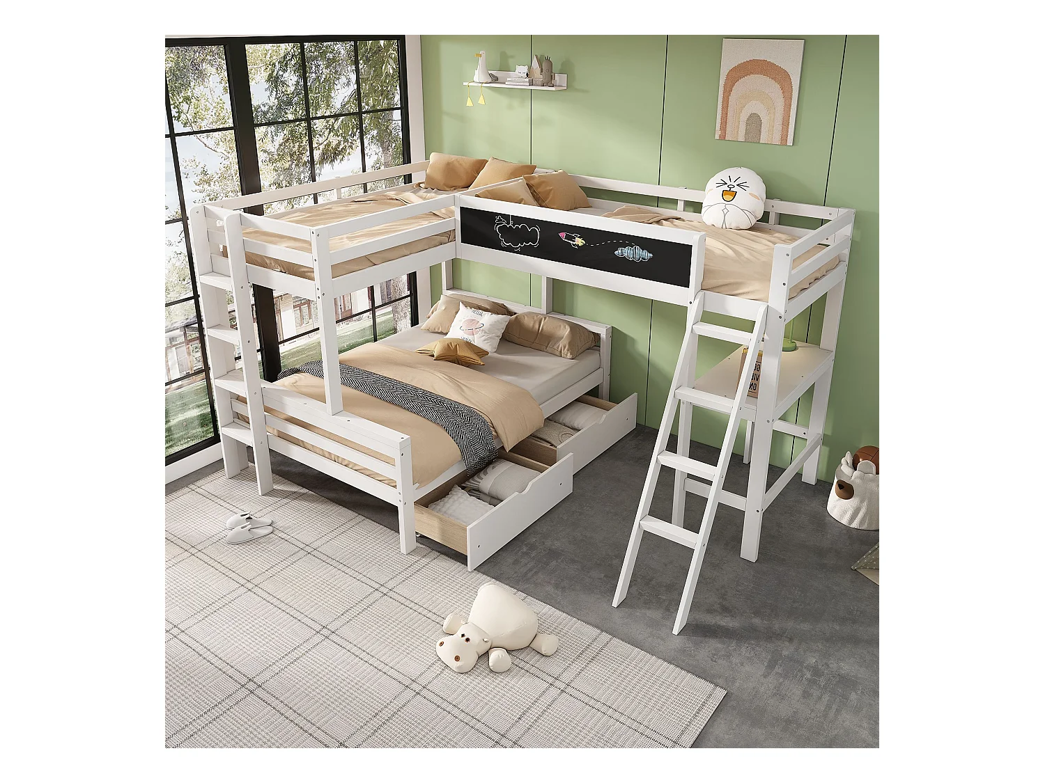 Lit superposé pour enfants avec tiroirs et bureau, lit triple en bois de pin, avec étagère, 140x200 cm1 + 90x200 cm2, blanc, sans matelas